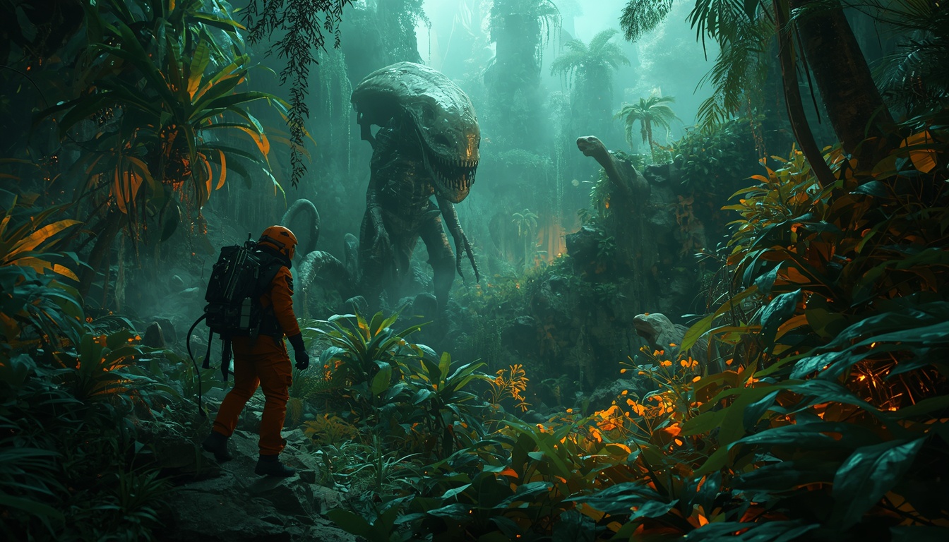 Cassette Sovereign video game screenshot of an explorer on an alien jungle planet with glowing flora and a distant relay tower