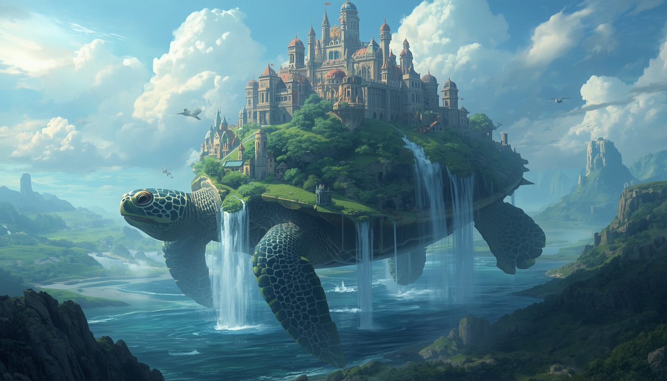 Glasswind Reverie key art: a colossal sky-turtle carries a floating kingdom across the clouds in this painterly open-world video game
