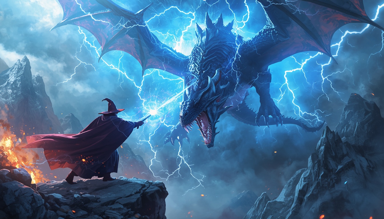 Halcyon Breach video game screenshot of an arcane warden dueling a colossal storm-dragon above shattered peaks