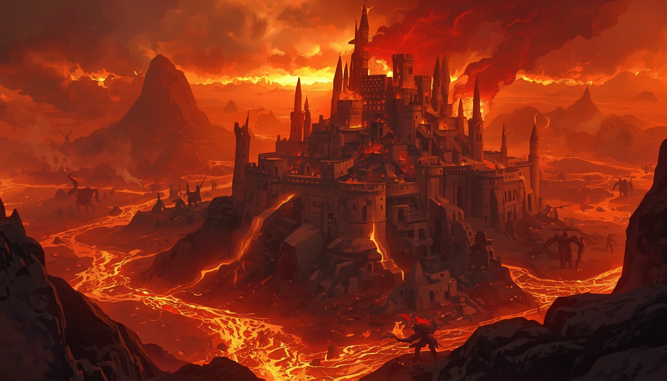 Ironroot Dynasty video game screenshot of a volcanic fortress ringed by rivers of lava and armored fire-giants