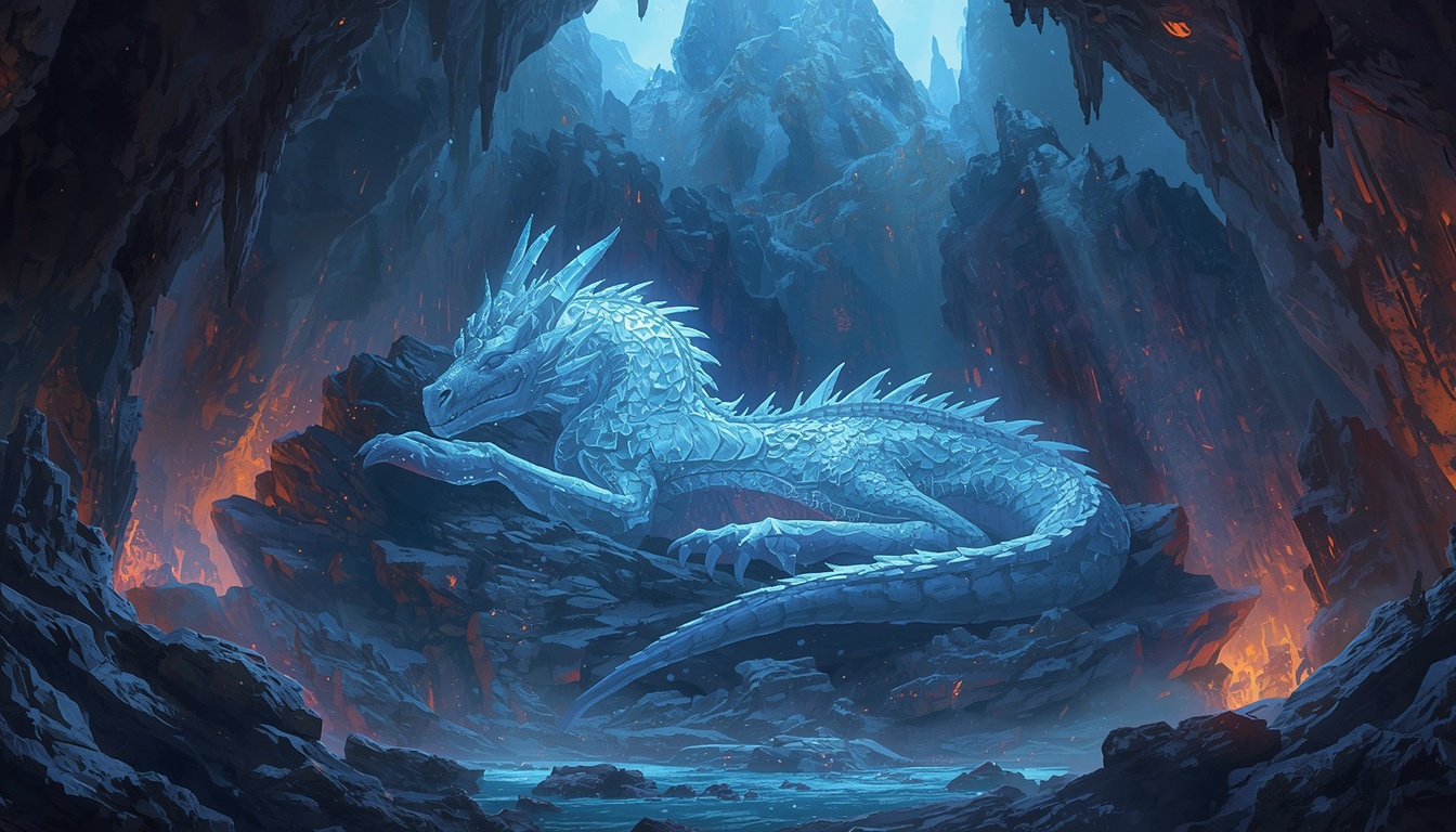 Ironroot Dynasty key art: a crystal dragon sleeps inside a glowing mountain forge laced with ancient runes in this turn-based strategy video game