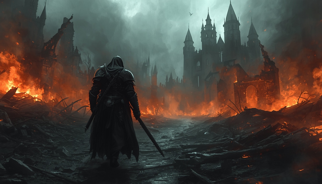 Marrow & Mire key art: a broken-armored warrior wades a cursed battlefield lit by ghostly flame in this grimdark survival video game