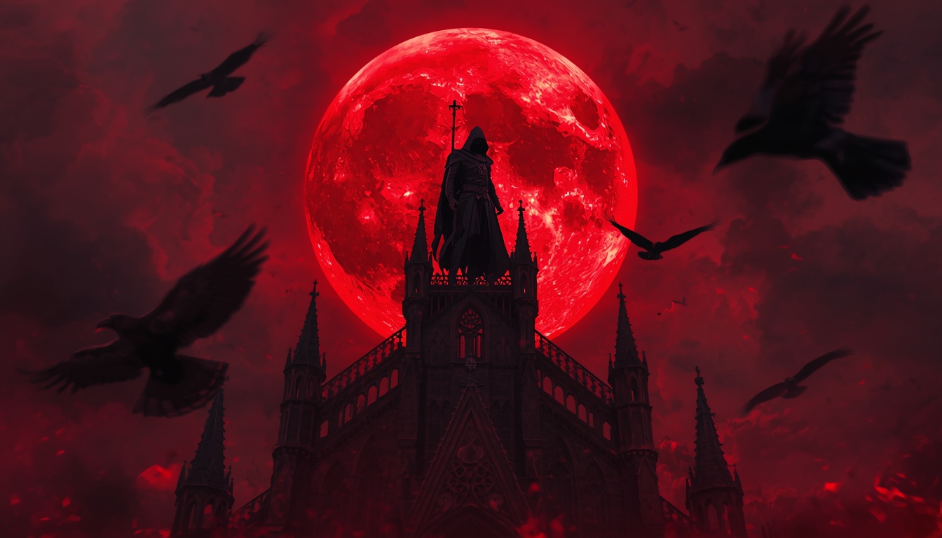 Marrow & Mire video game screenshot of a lone figure atop a gothic spire beneath a crimson moon ringed by ravens
