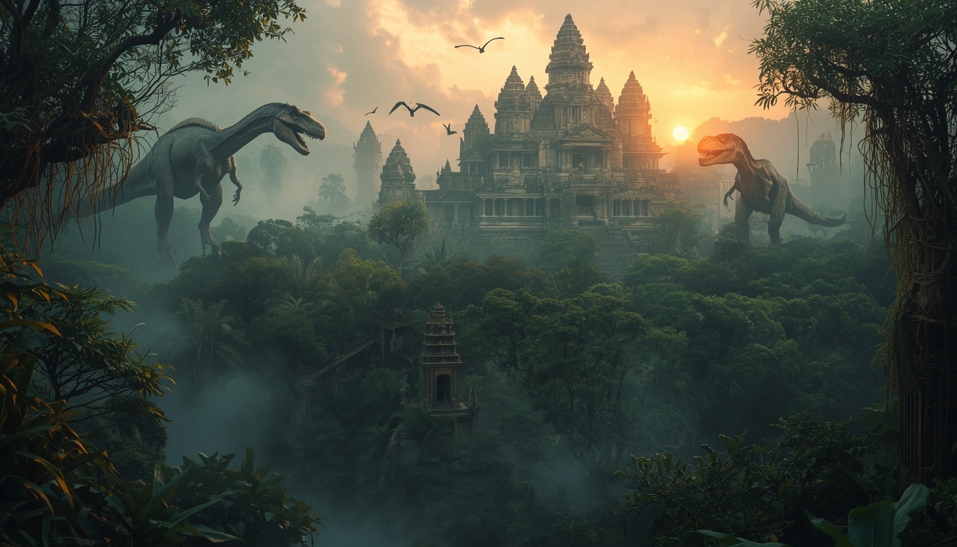 The Quiet Loom video game screenshot of a misty jungle temple overrun by vines and colossal silhouettes, a timeline gone wrong