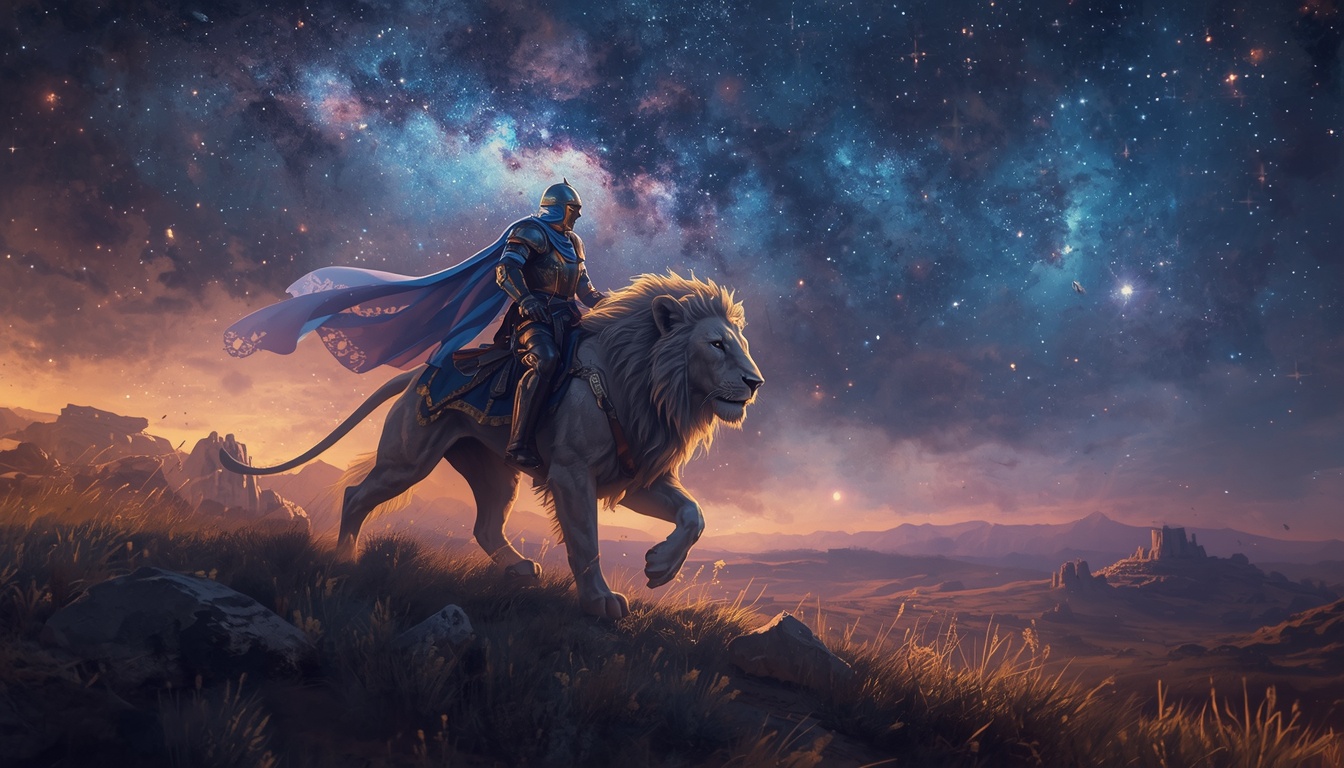 The Quiet Loom key art: a knight rides a celestial lion across starlit plains beneath cosmic monuments in this narrative weaving-puzzle video game